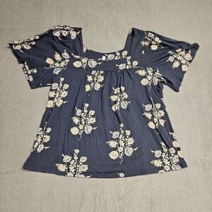 Lucky Brand Flowy Navy Floral Blouse Short Sleeve Square Neck Size L